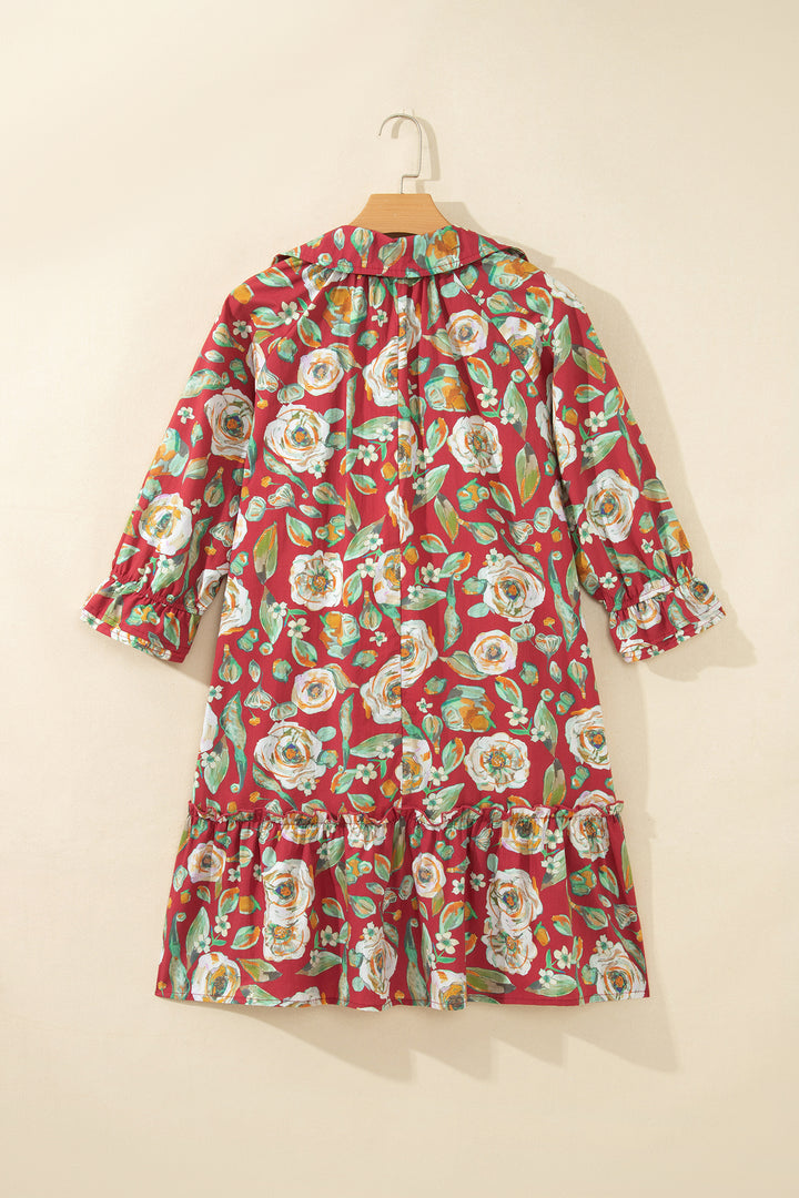 Red Floral Print Half Sleeve Short Shift Dress