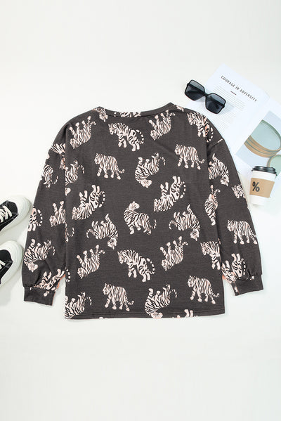 Lively Tiger Print Casual Sweatshirt