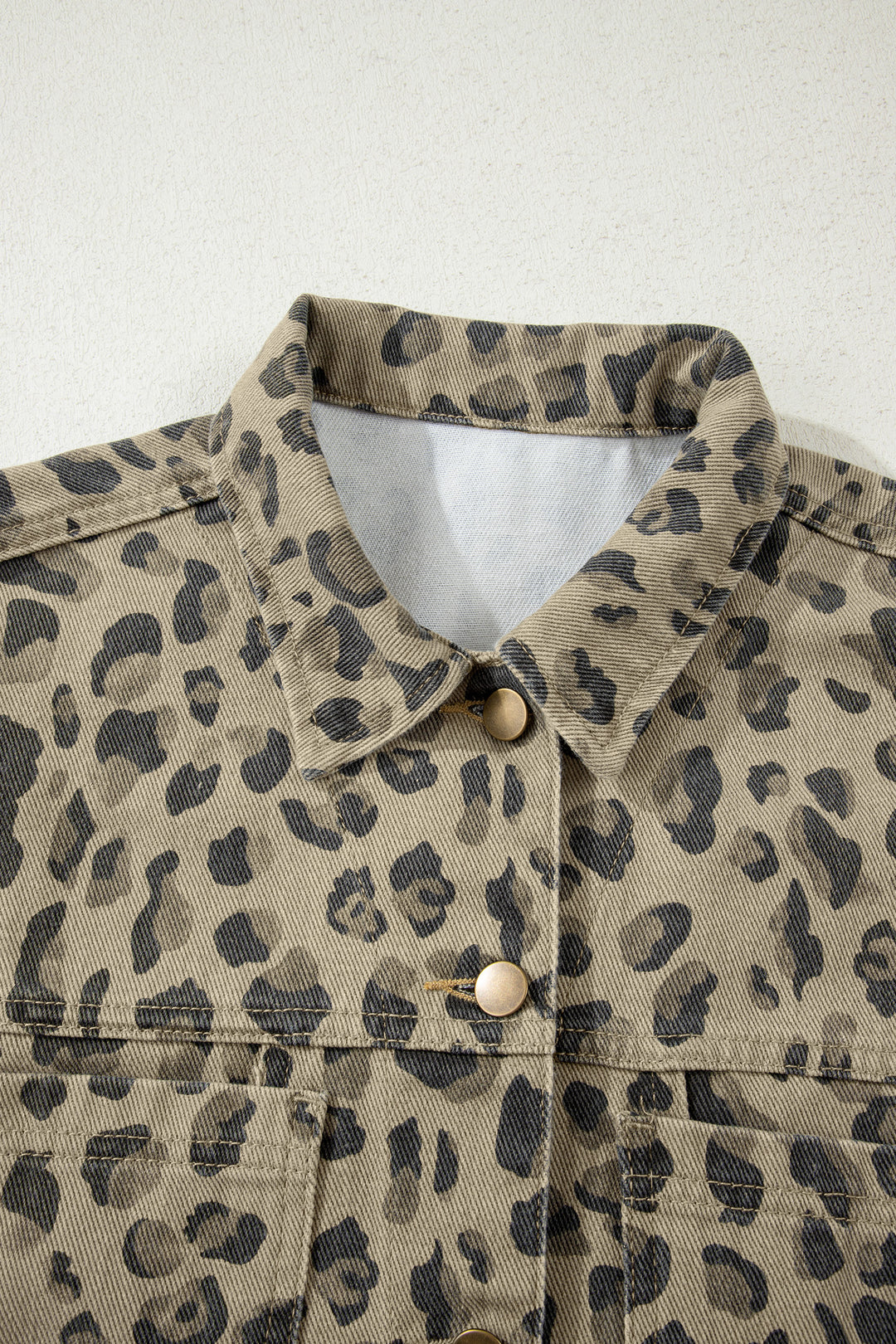 Khaki Retro Leopard Print Seam Detail Button Down Denim Jacket