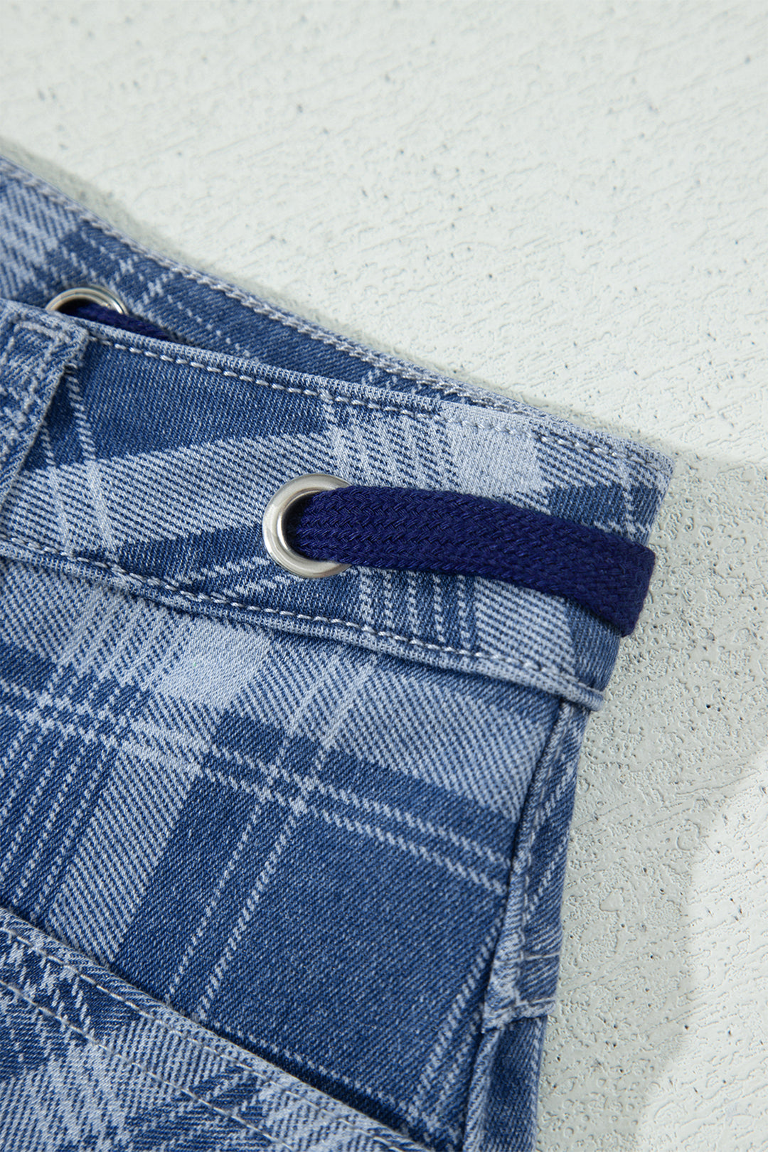 Sky Blue Plaid Denim Grommet Drawstring Waist Ankle-Length Jeans