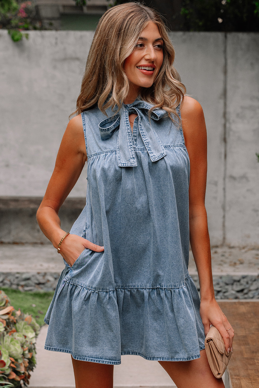 Clare Sleeveless Ruffled Chambray Dress