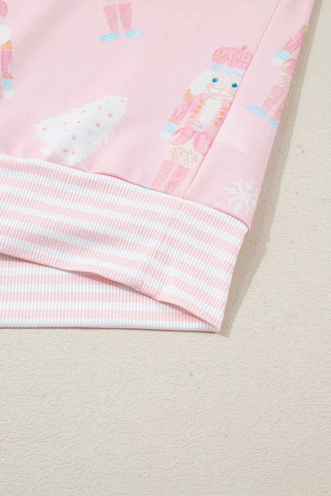 Pink Christmas Tree Nutcracker Doll Print Contrast Trim Long Sleeve Top Matching Shorts Set