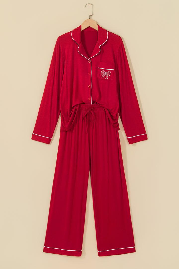 Racing Red Bow Pocket Detail Long Sleeve Shirt 2pcs Pajama Set
