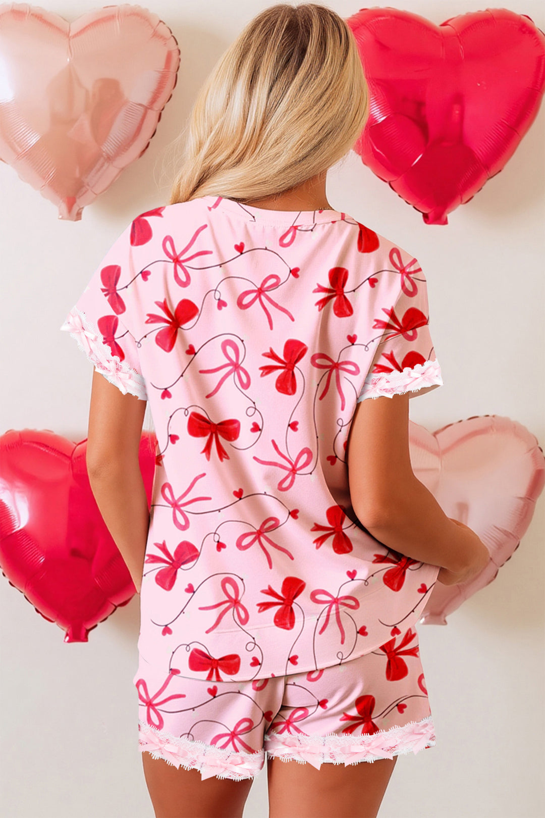 Red Romantic Bow Print Loose Tee Drawstring Shorts 2pcs Lounge Set