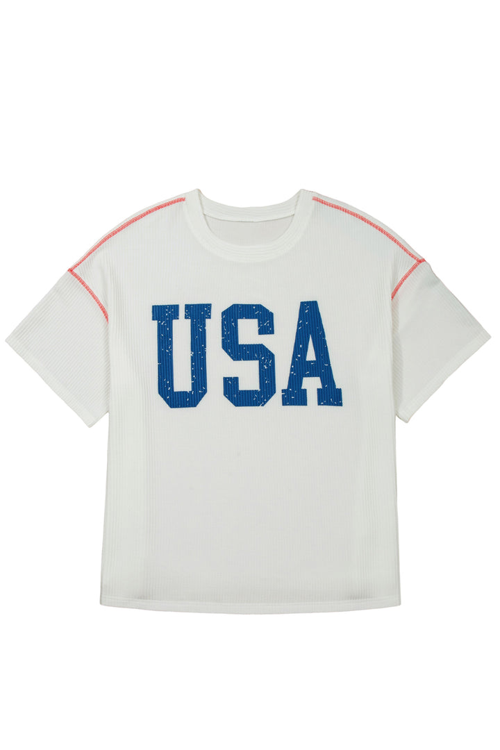 White Plus Size Twisted Rib Vintage USA Letter Printed T Shirt