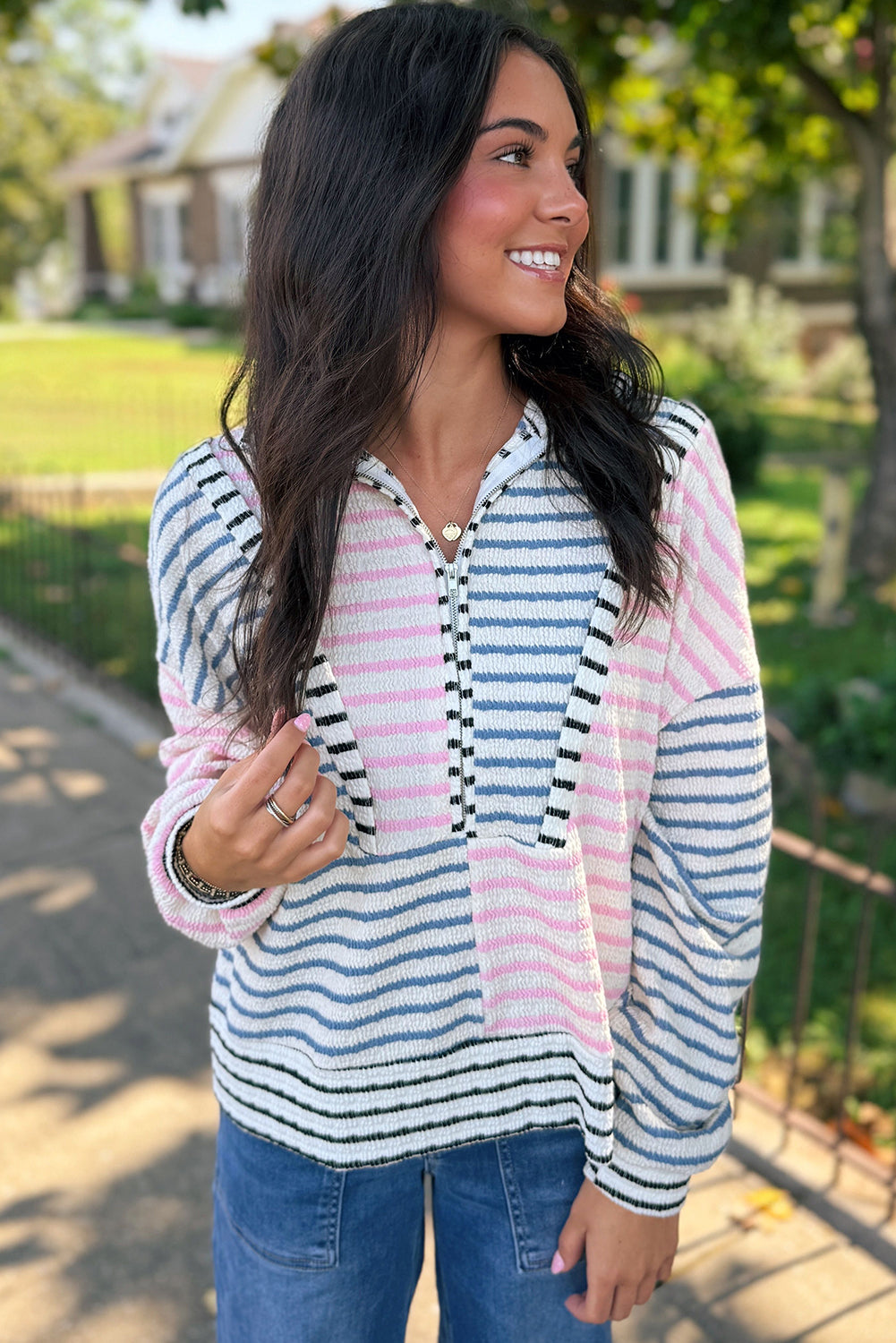 Multicolour Striped Color Block Patchwork Half Zip Drop Shoulder Long Sleeve Top