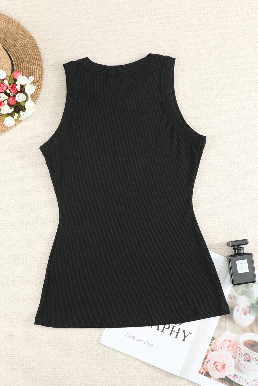 Solid Black Round Neck Ribbed Tank Top