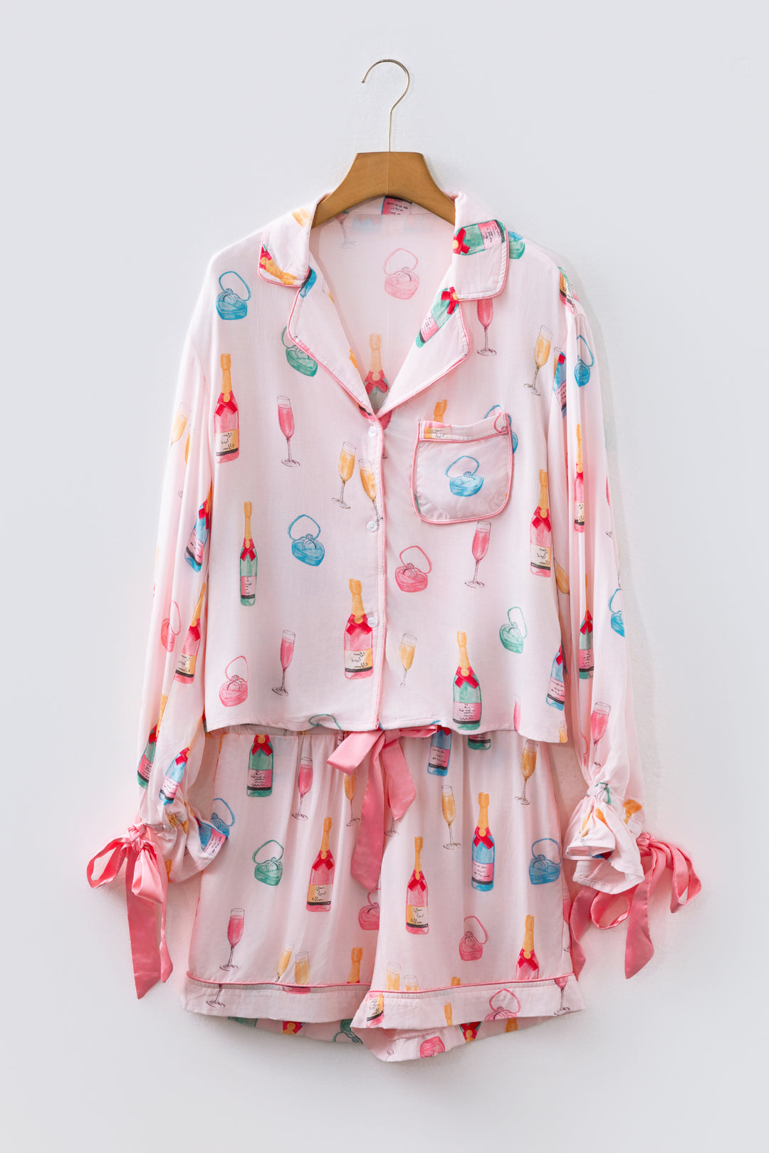 White Christmas Wine Glass Print Bow Knot Two Piece Pajama Set