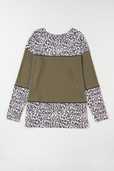 Jungle Green Leopard Print Waffle Knit Patchwork Top