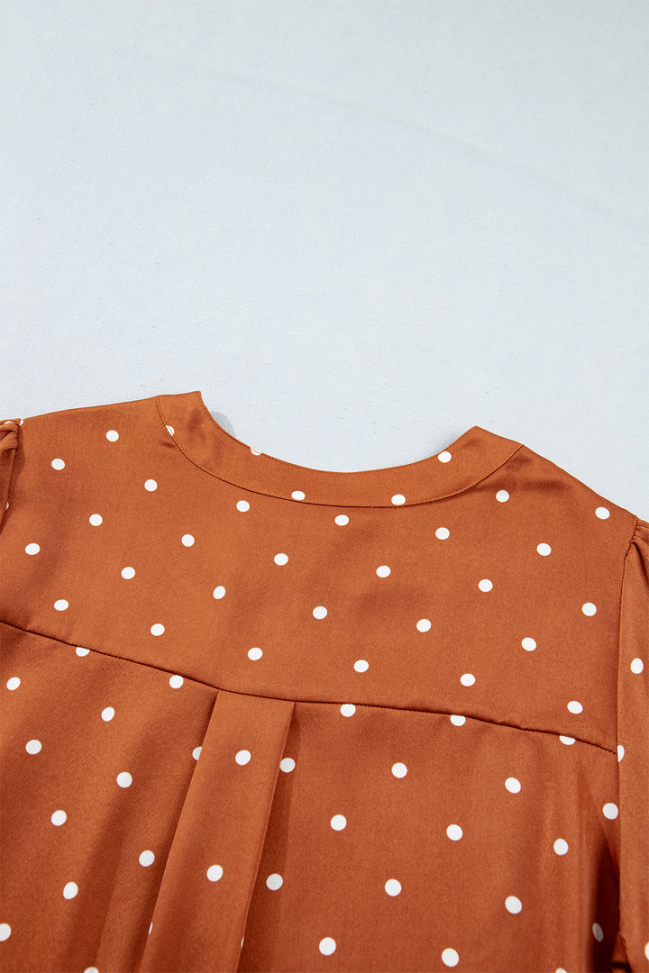 Brown Polka Dot Half Button V Neck Long Sleeve Blouse
