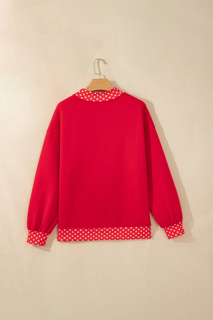Fiery Red Polka Dot Letter Print Contrast Trim Mock Neck Sweatshirt