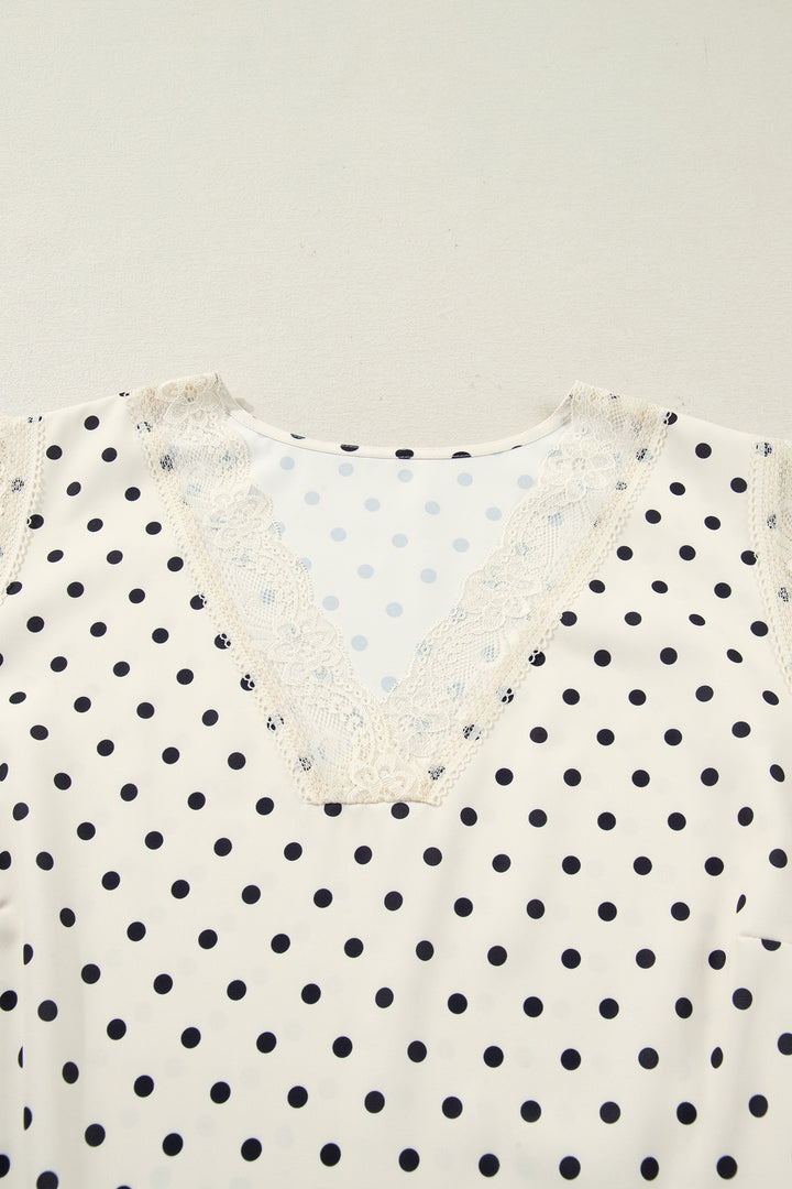 Apricot Plus Size Polka Dot Print Lace Trim V Neck Sleeveless Top