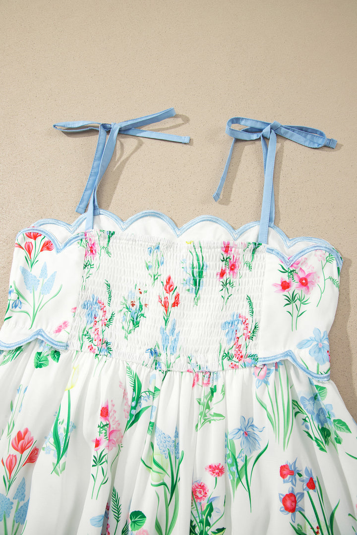 Beige Floral Print Contrast Trim Self-tie Straps High Waist Midi Dress