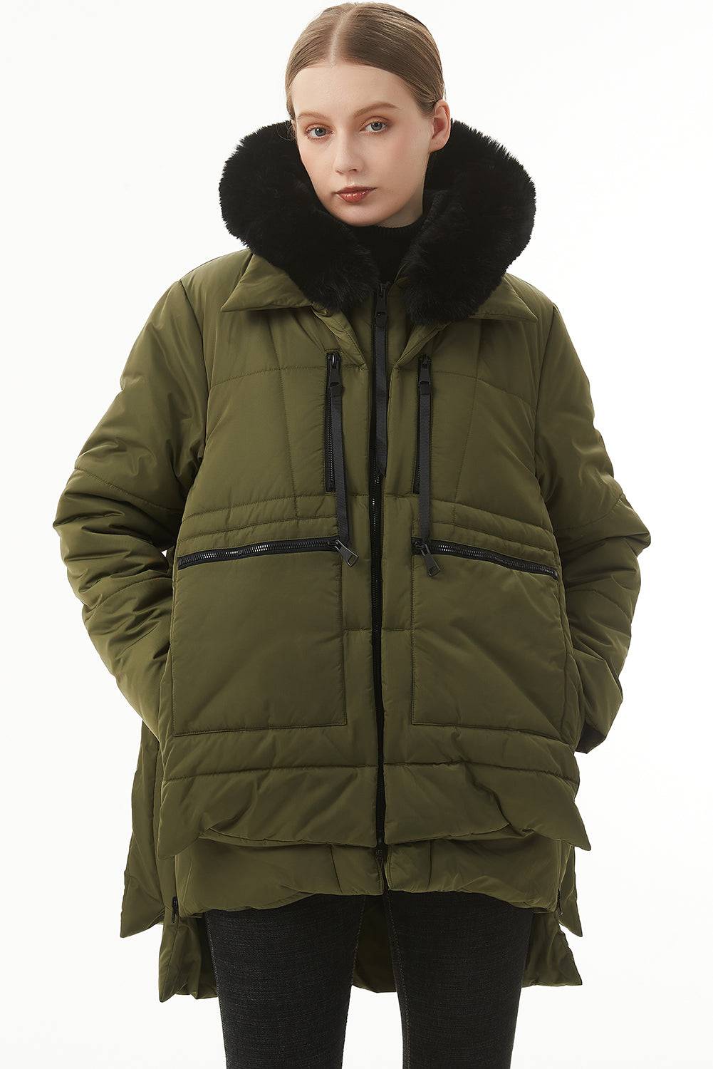 Jungle Green Plush Linen Zip Up Hooded Puffer Coat