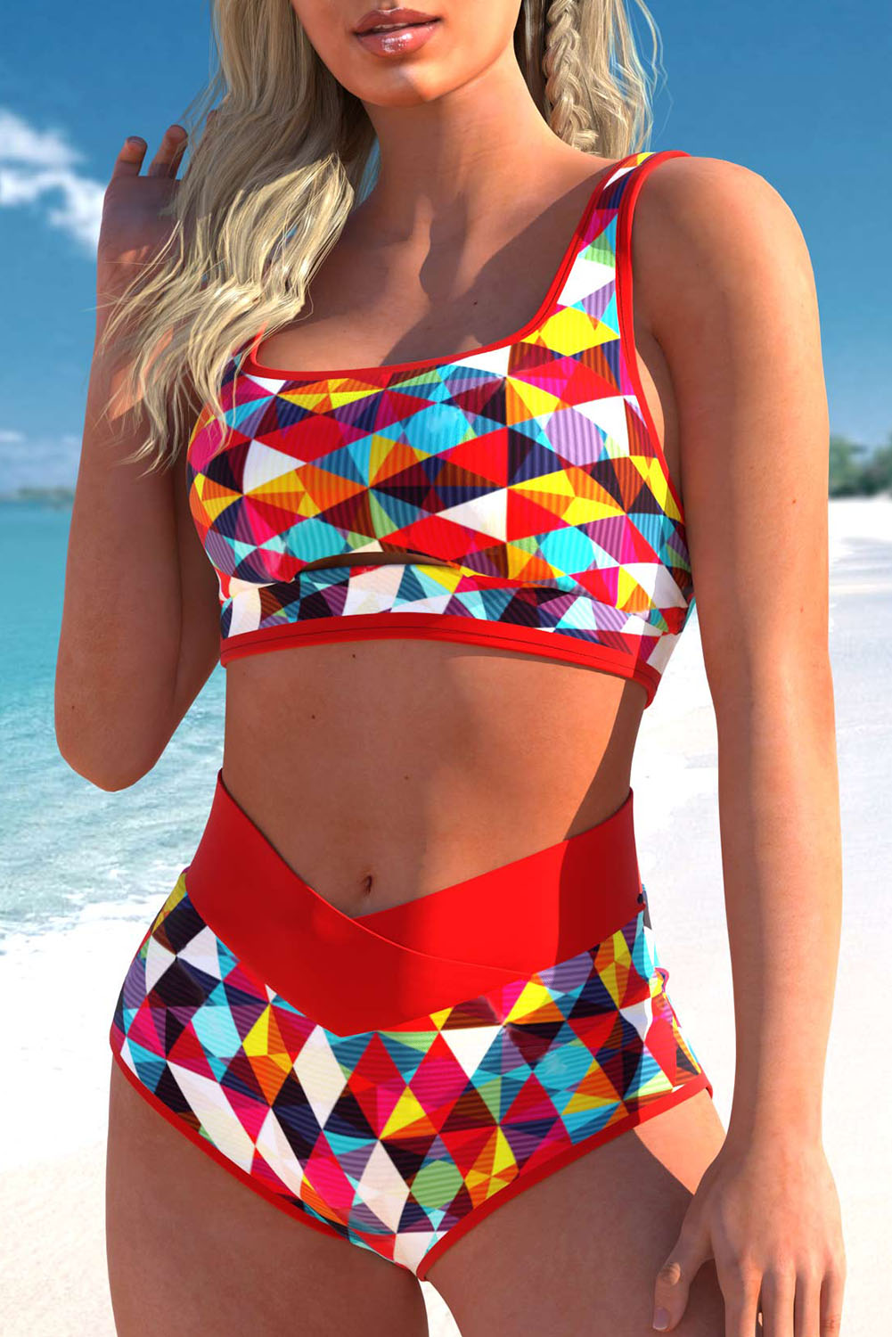 Fiery Red 2pcs Geometric Print Notch High Waisted Bikini