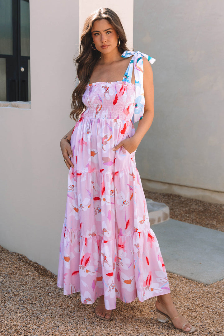 Flora Floral Knotted Shoulder Smocked Maxi Dress