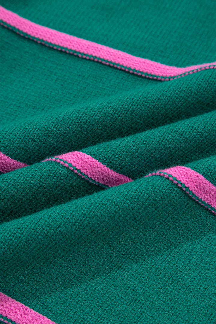 Green Stripe Half Buttons Drop Shoulder Plus Size Sweater