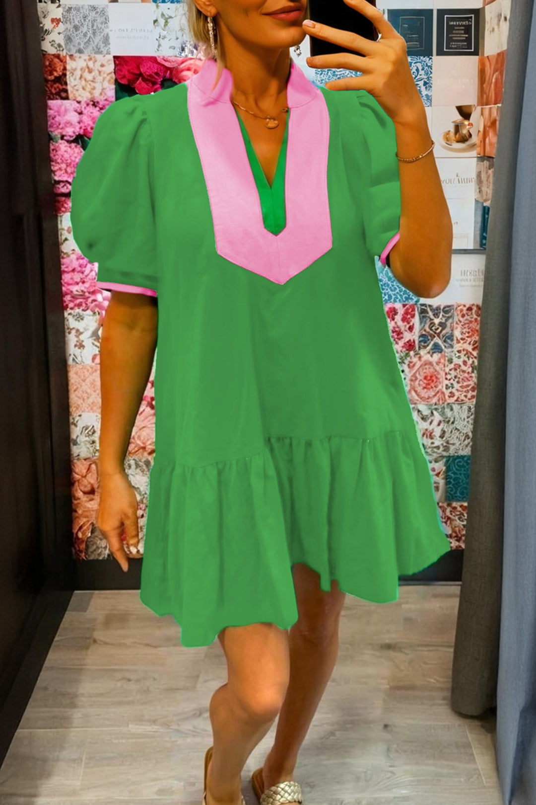 Bright Green Color Block Detail Split Neck Short Puff Sleeve Ruffle Hem Mini Dress