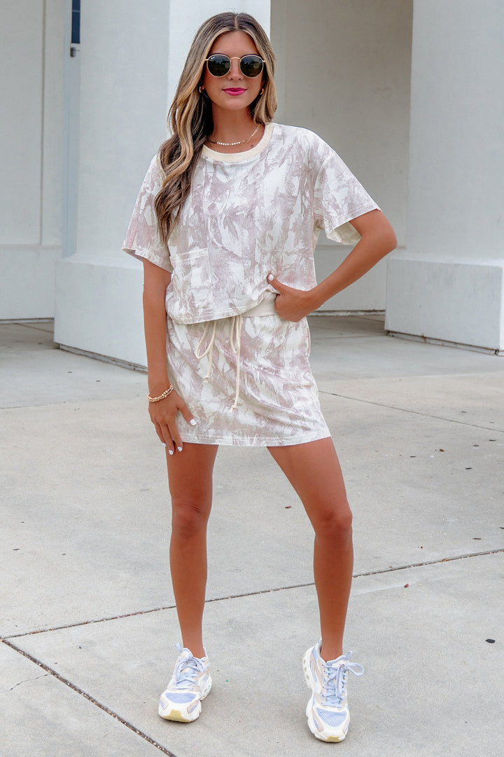 Gray Woodland Camo Print Raw Edge Cropped Top Skirt Set