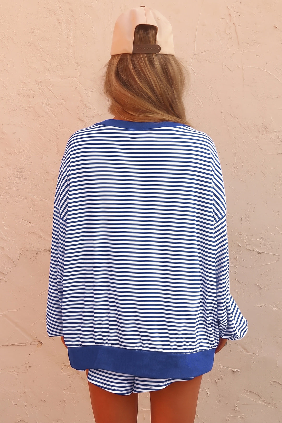 Brown Stripe Oversized Long Sleeve Top Drawstring Loose Shorts 2pcs Set