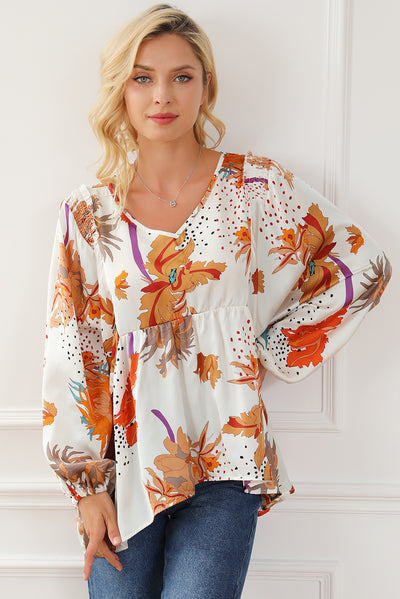 Multicolour Floral Print V Neck Babydoll Blouse