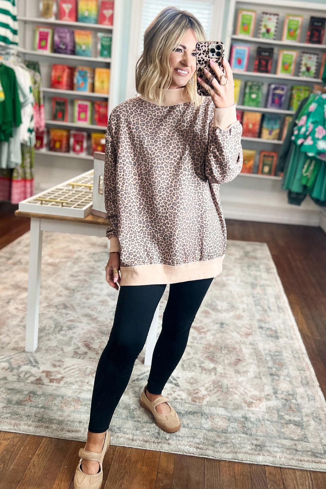Multicolour Leopard Print High Neck Long Sleeve Ribbed Cuffs Hem Sweatshirt