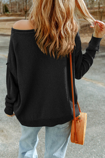 Green Solid Color Off Shoulder Rib Knit Sweater with Pocket