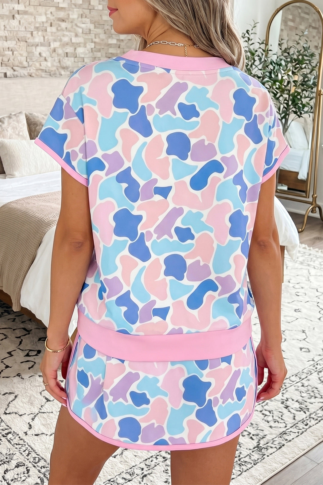 Pink Camouflage/ Polka Dot Print Contrast Trim Athletic Skort Set