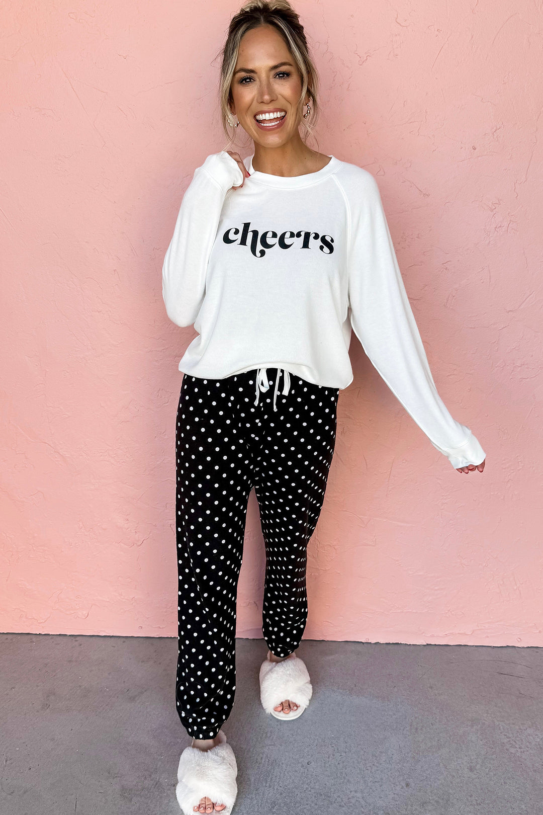 Black Cheers Graphic Raglan Long Sleeve Pullover and Polka Dot Pants 2pcs Loungewear