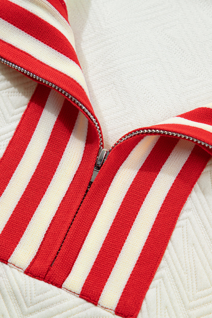 White Textured Knit Contrast Striped Accent Zipped Collar Pullover Top