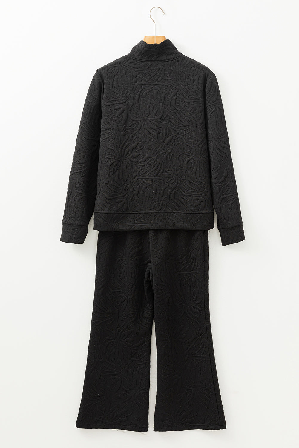 Black Textured Jacquard Quarter Zip Top and Crop Pants Set