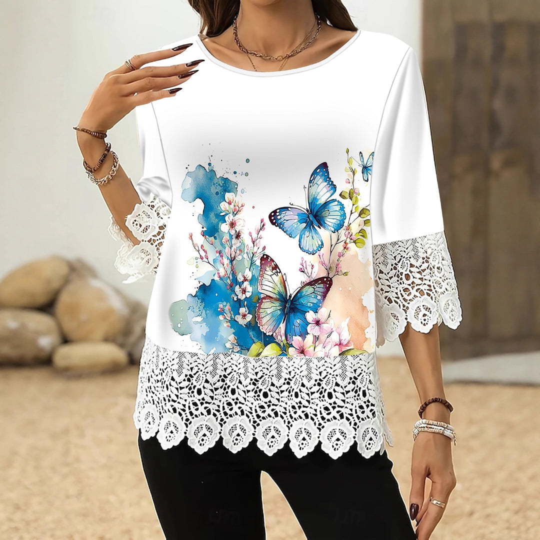 Printed Patchwork Three-Quarter Sleeve Top – Women&