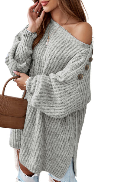 Gray Buttoned Drop Shoulder Oversized Sweater