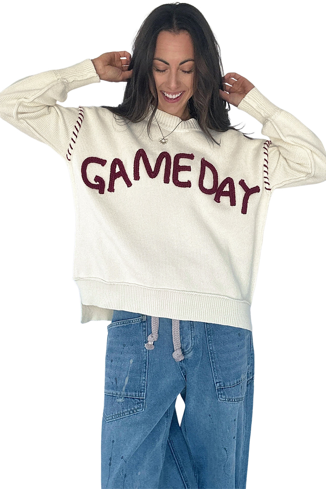Beige Drop Shoulder Game Day Letter Print Pullover Sweater