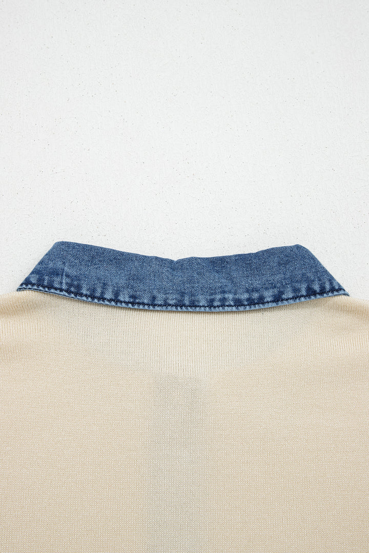 Jet Stream Short Sleeve Knit Denim Patchwork Polo Collar Sweater