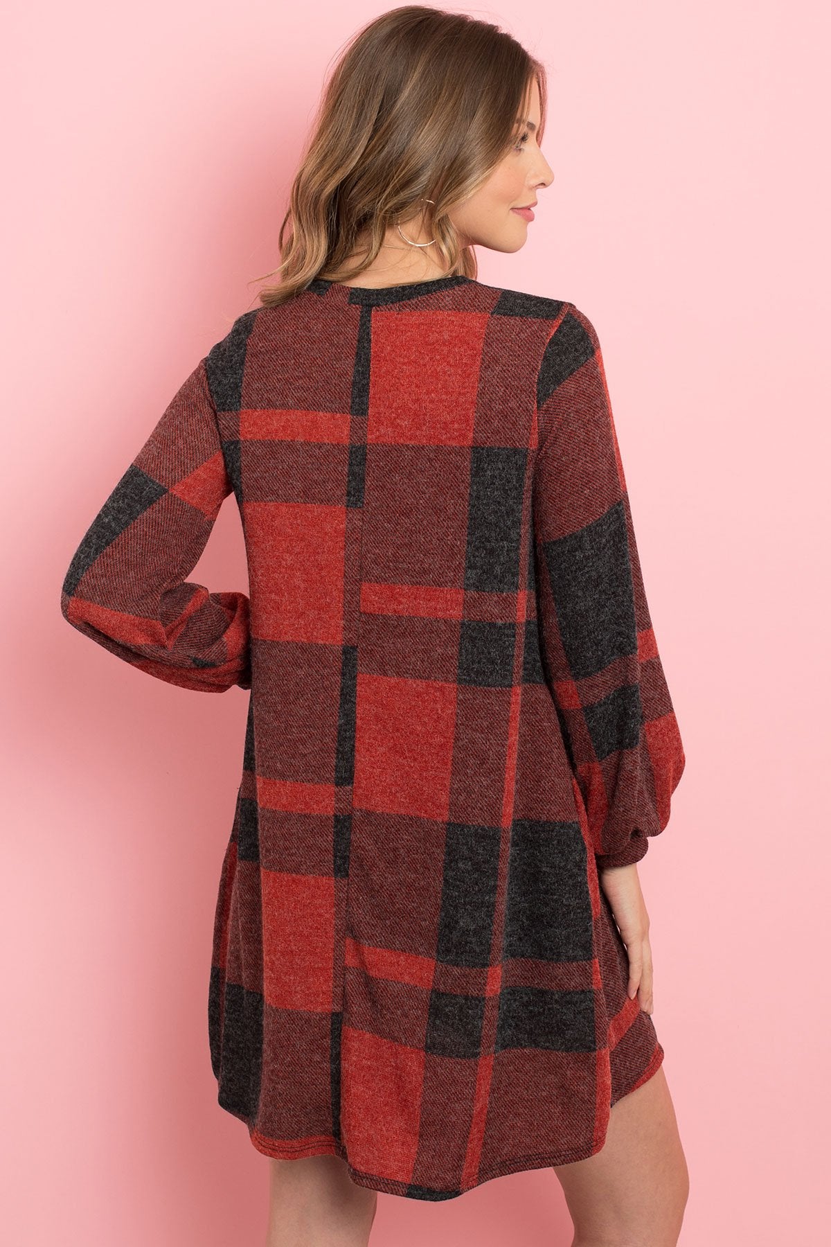 Round Neck Puff Sleeved Plaid Knee Length Dress