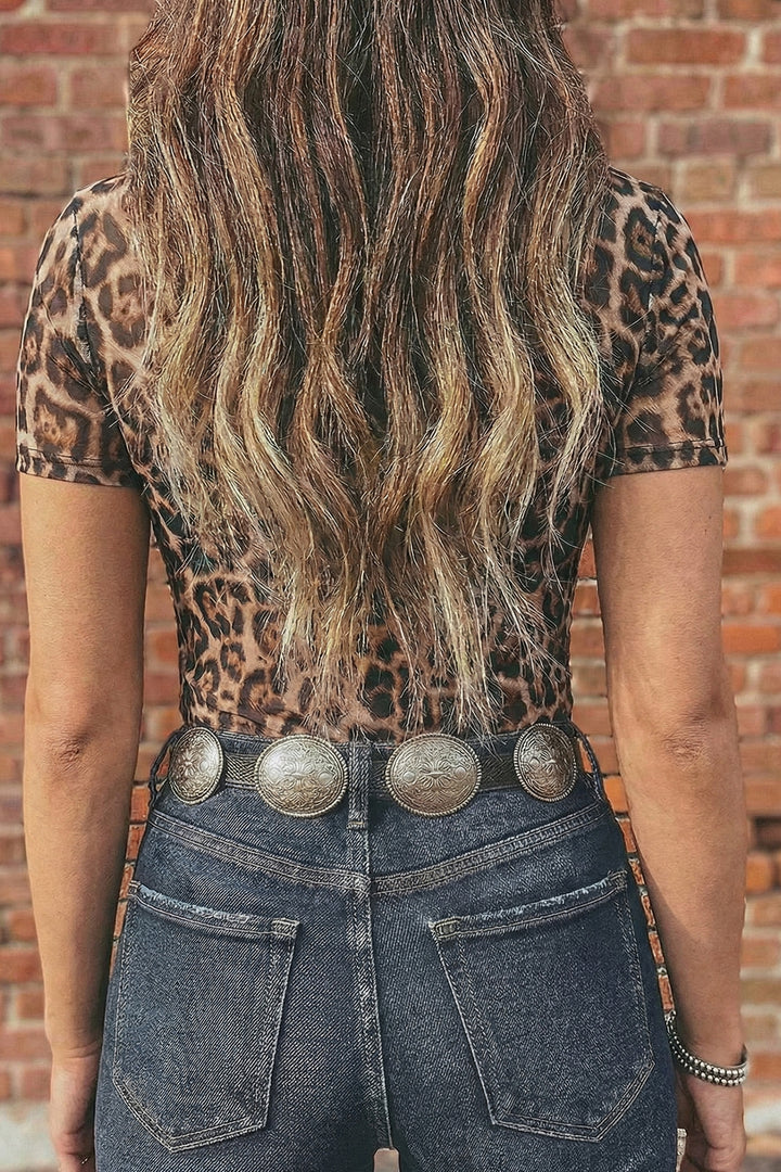 Oatmeal Western Printed Mesh Short Sleeve Top