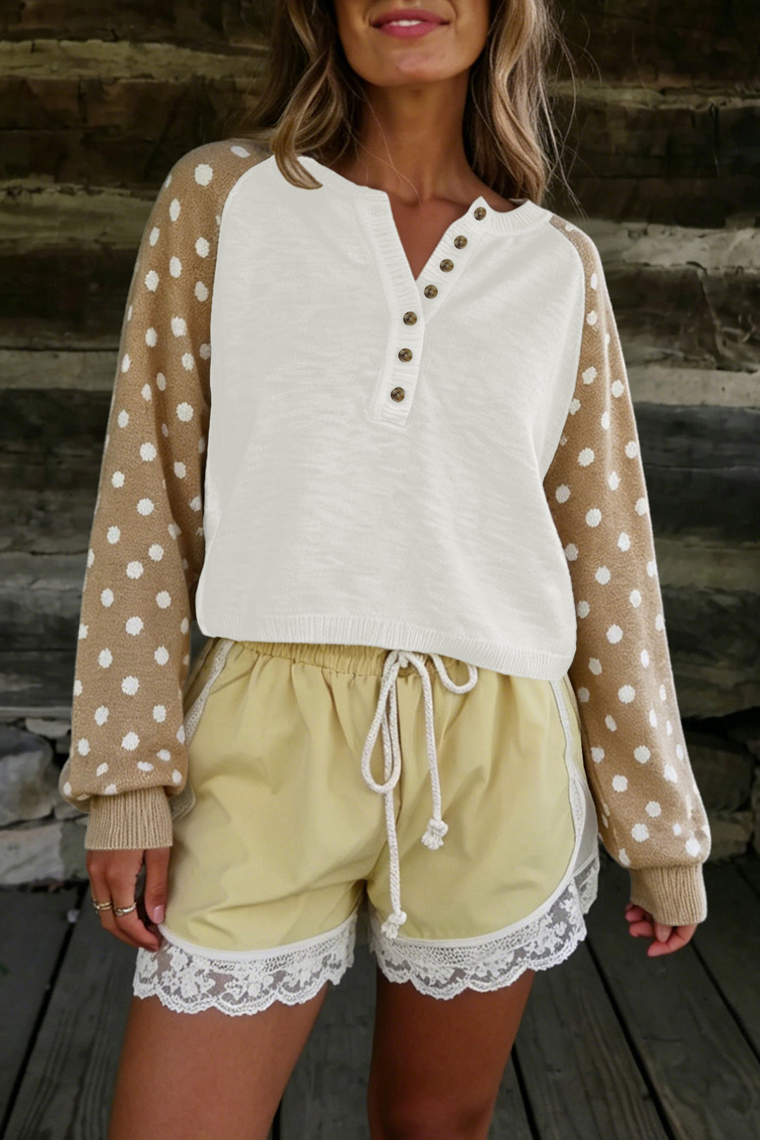 Khaki Polka Dot Contrast Long Sleeve Button V Neck Sweater