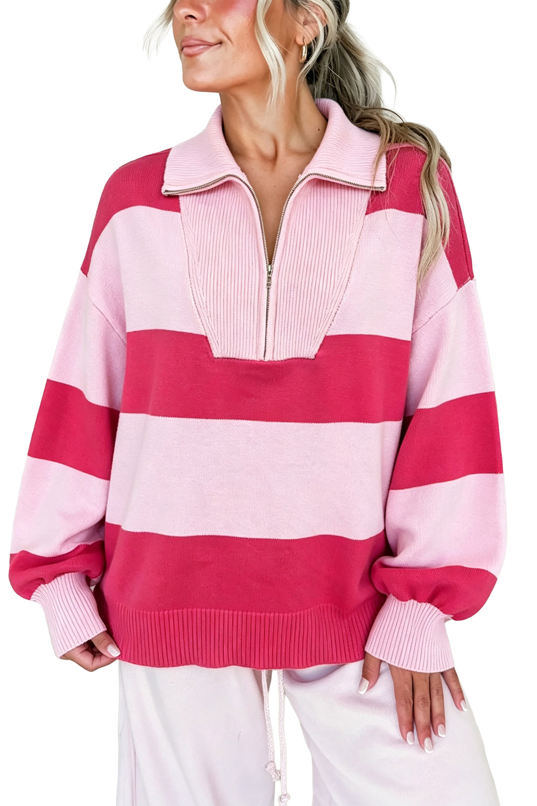 Strawberry Pink Casual Striped Color Block Zip Collar Pullover Sweater