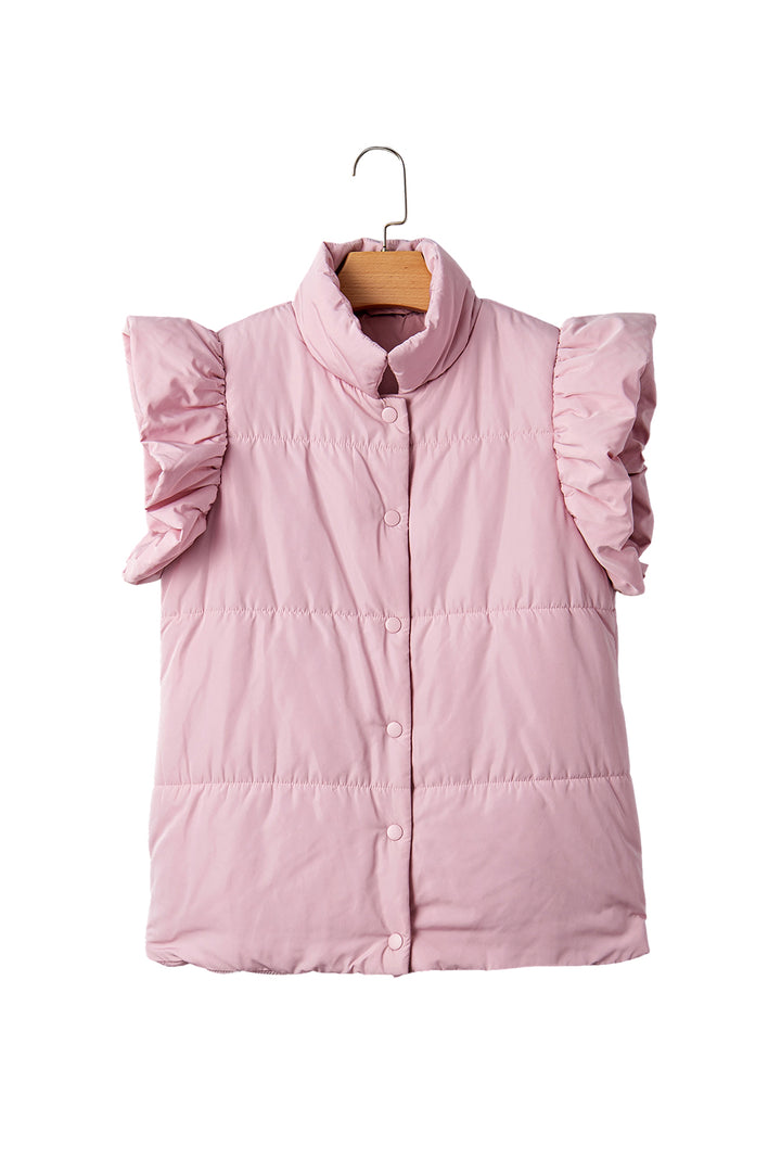 Pink Stand Neck Flutter Sleeve Snap Button Puffer Vest