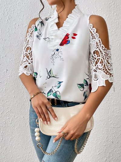 Full Size Lace Printed Half Sleeve Blouse - Sybaritic Bags & Clothing