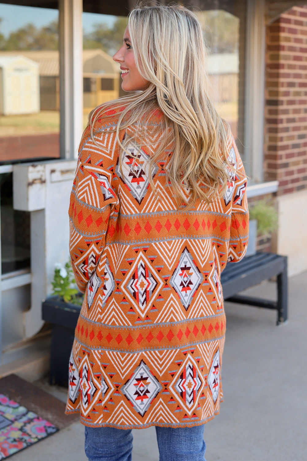 Brown Aztec Geometric Knit Open Front Cardigan