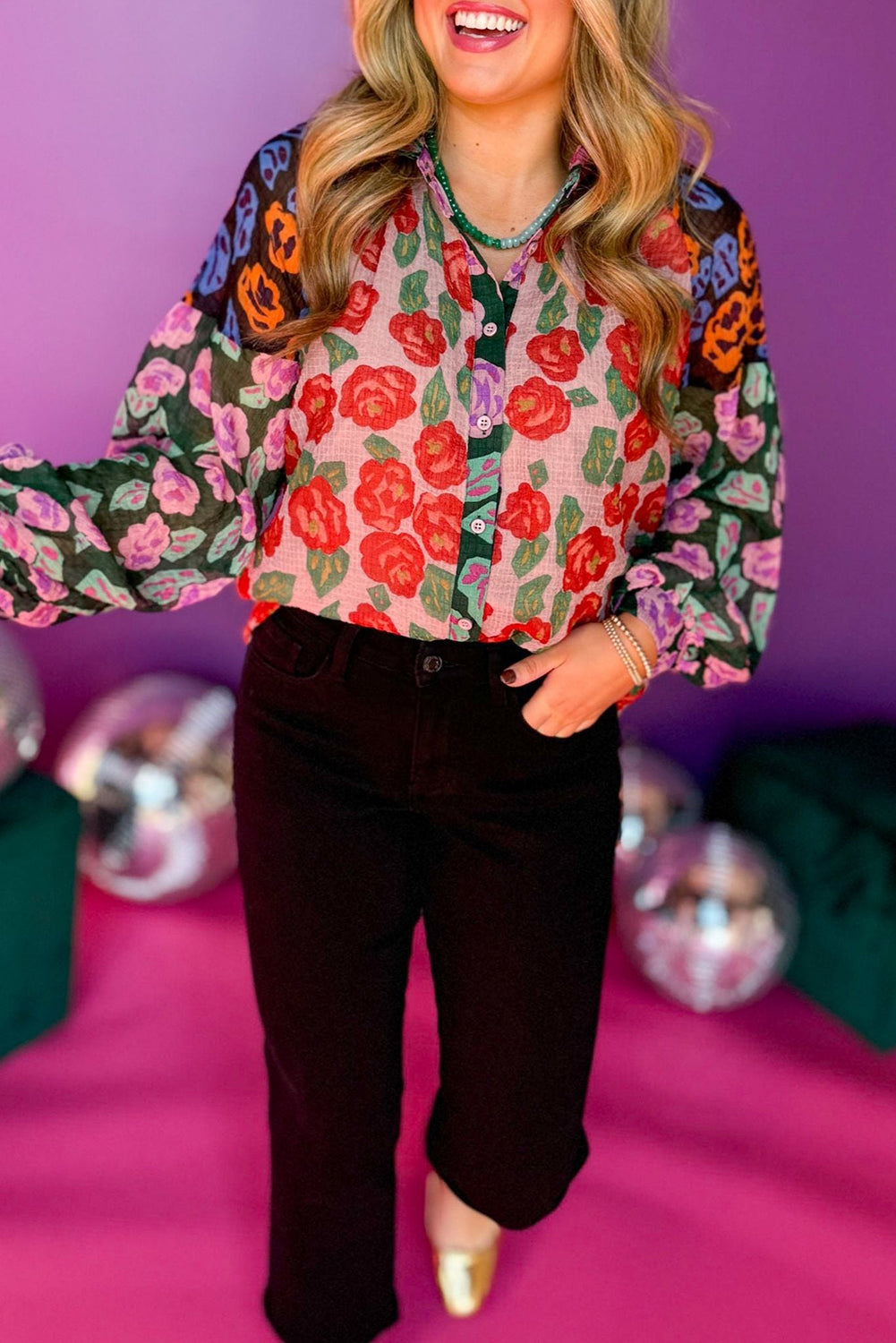 Red Colorblock Floral Printed Puff Sleeve Shirt