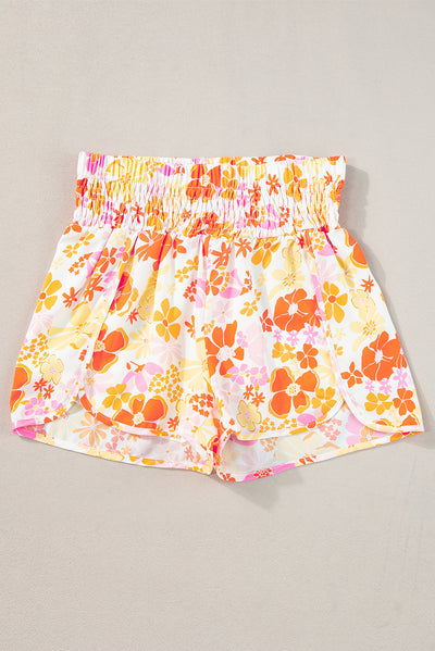 Orange Boho Floral Shirred High Waist Casual Shorts