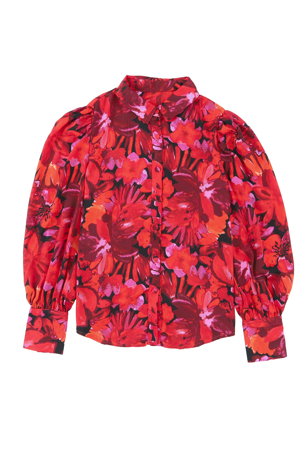 Fiery Red Floral Print Lantern Sleeve Shirt