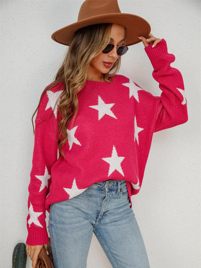 Angel Wings Star Round Neck Dropped Shoulder Sweater