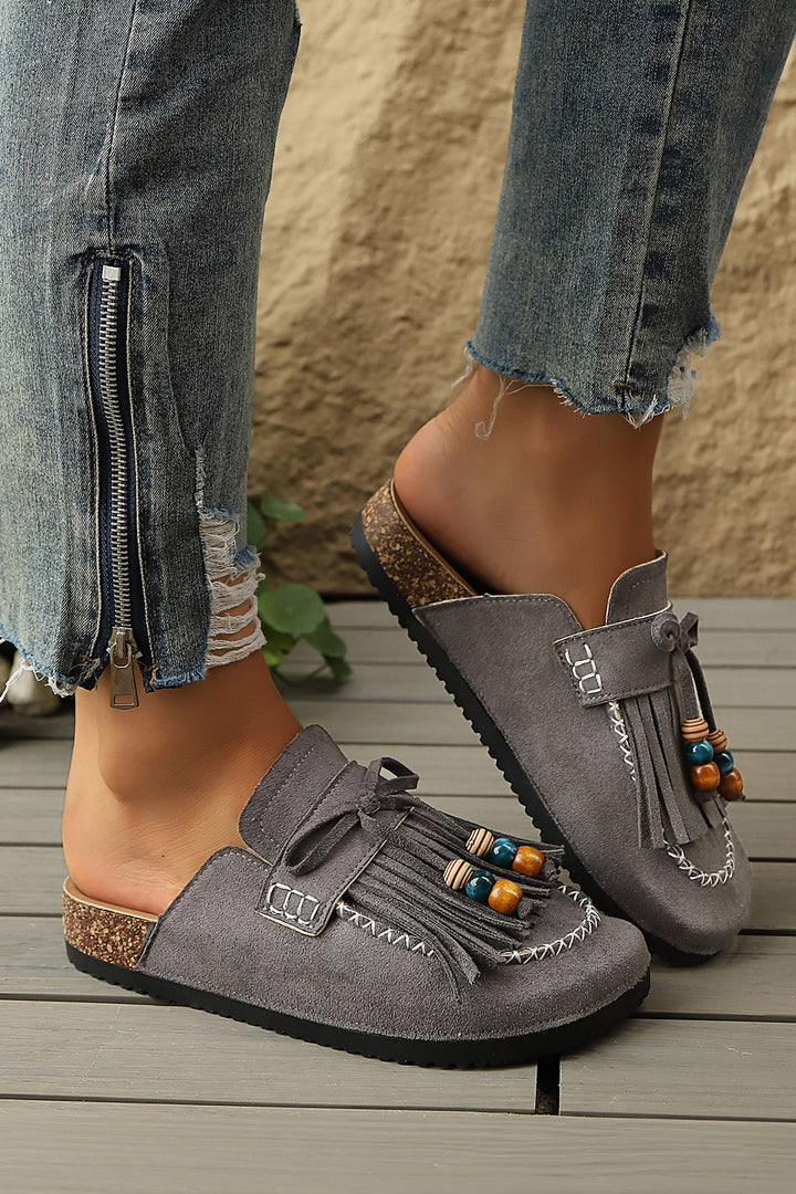 Chestnut Boho Bow Fringed Faux Suede Slip-on Loafers Square Toe Casual Slippers