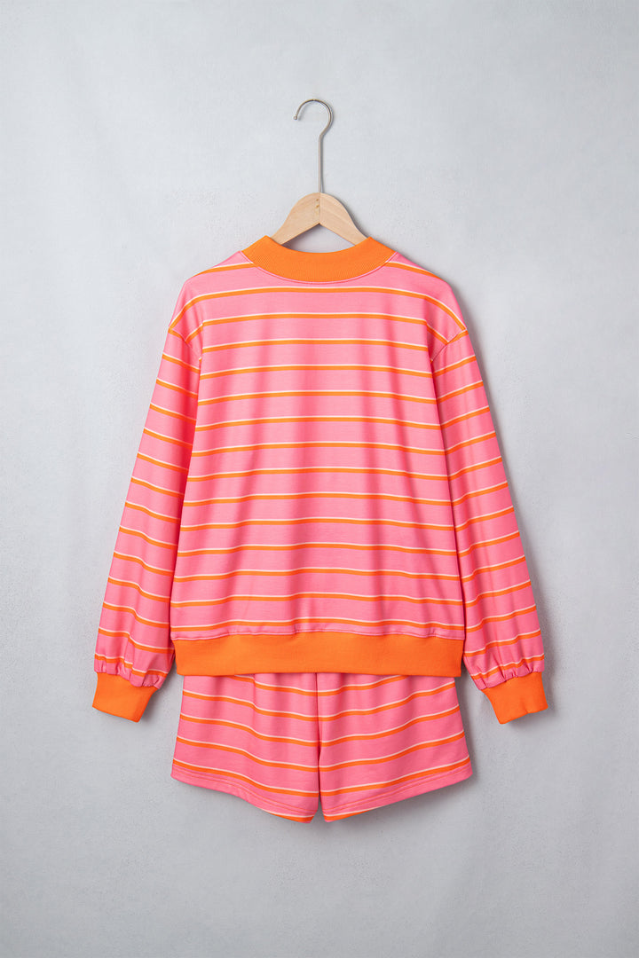 Rose Stripe Color Block Trim Long Sleeve Pullover Pocketed Shorts 2pcs Set