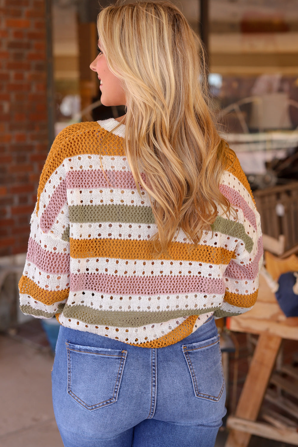 Caroline Striped Hollowed Knitted Loose Sweater