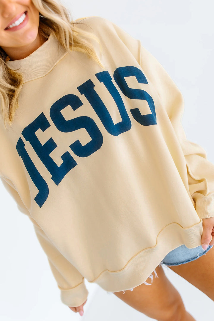 Yellow Jesus Slogan Stand Neck Long Sleeve Oversized Tunic Plus Size Sweatshirt